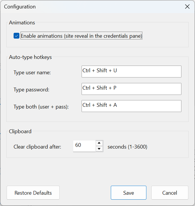 Configuration menu and hotkeys