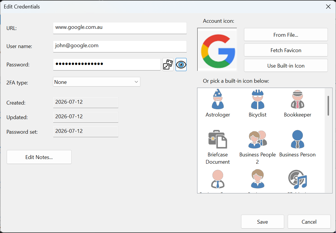 Edit Credentials dialog with account icon options