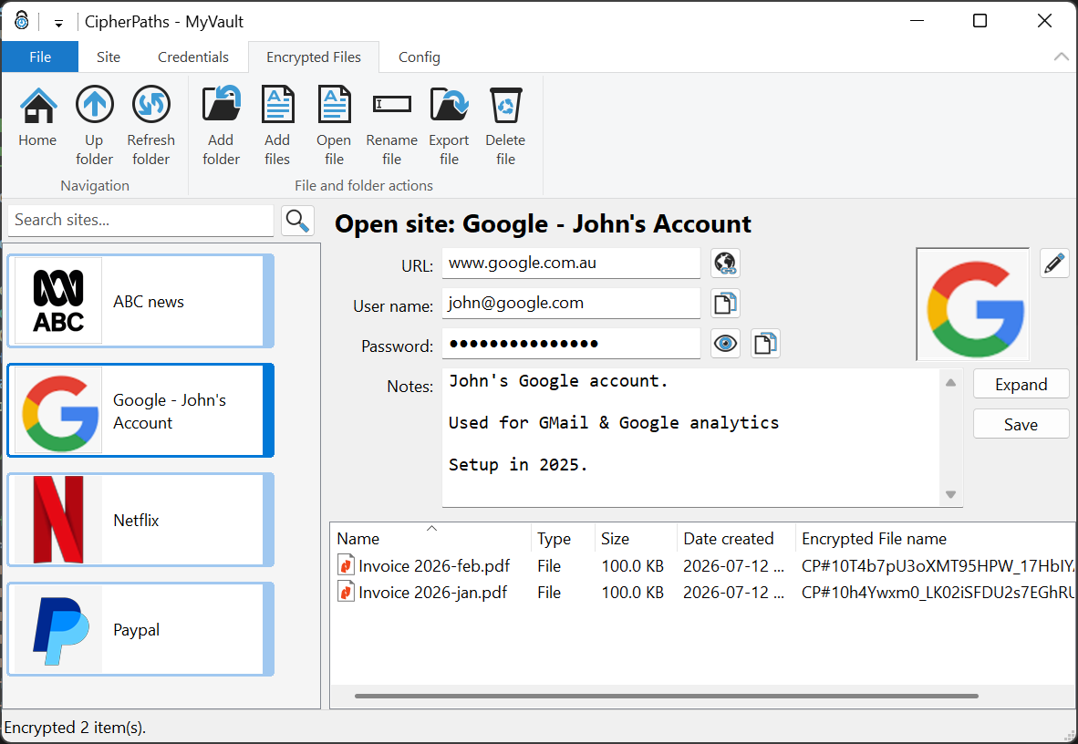CipherPaths main window showing accounts, credentials and encrypted files