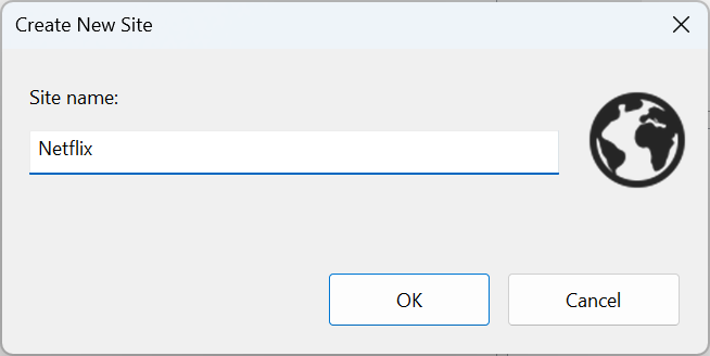 Create New Site dialog