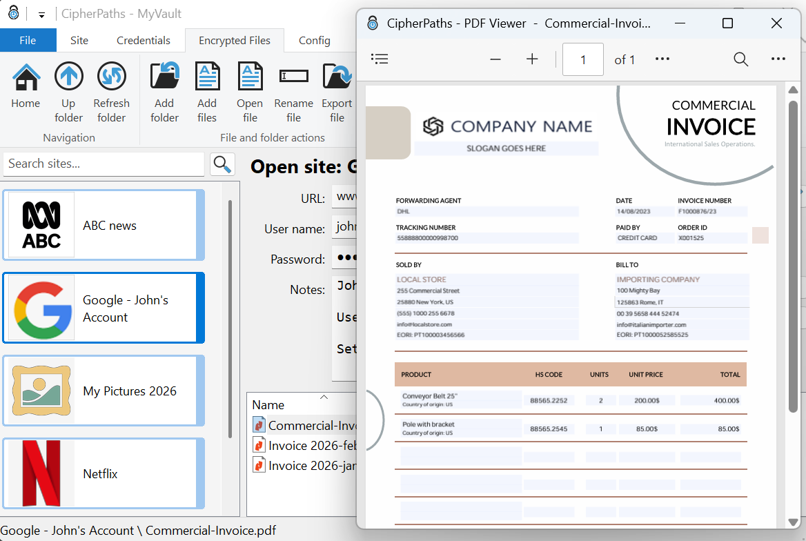 Built-in PDF viewer showing an invoice from the encrypted vault