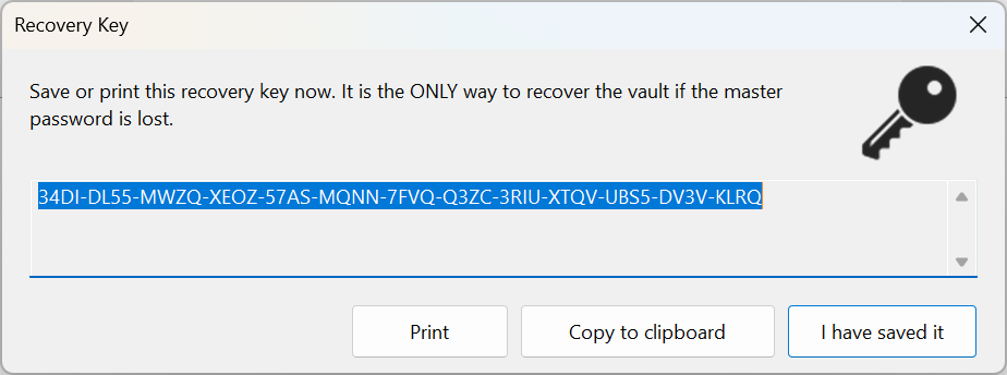 Recovery Key dialog